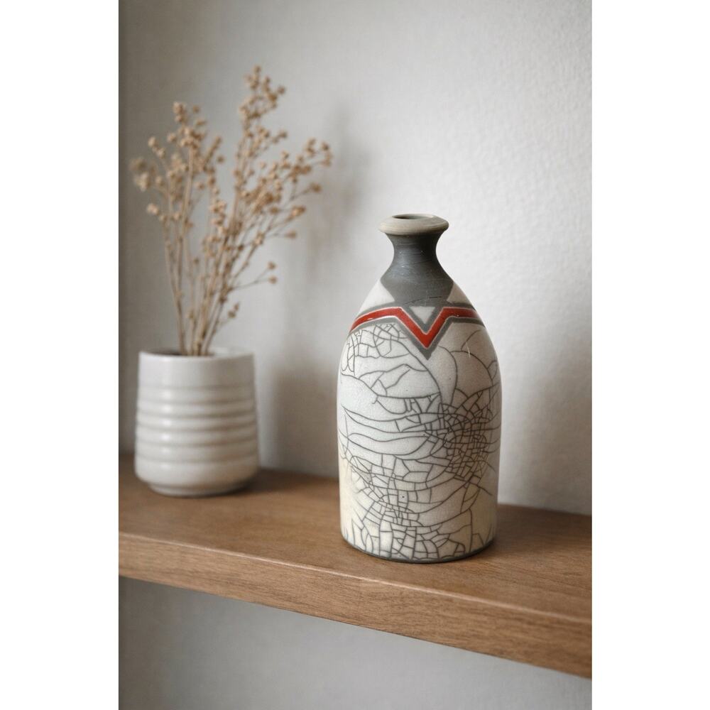 Studio Pottery Raku Vase Signed Artist Crackle Glaze Red Gray Modern 6”